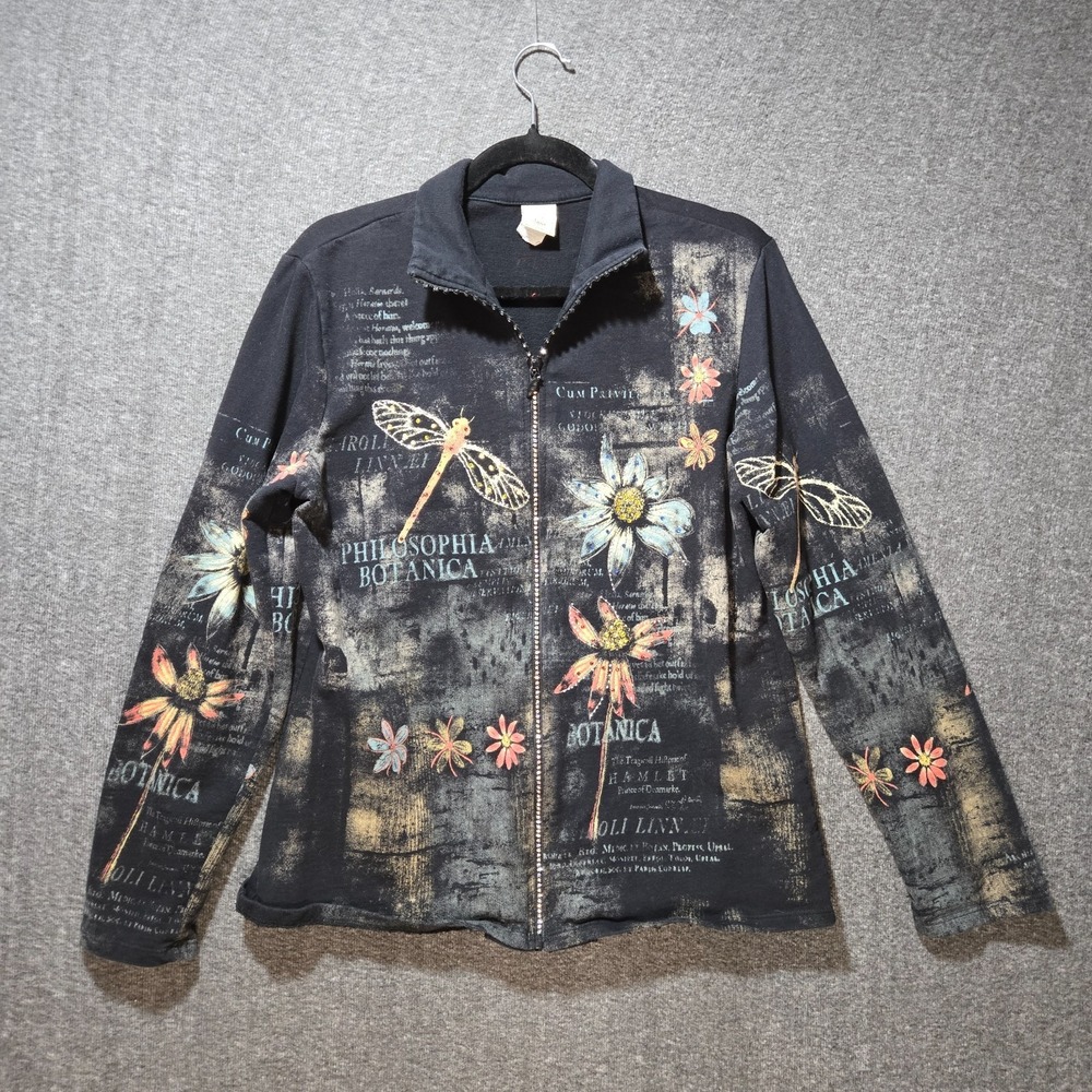 Jess & Jane Full Zip Sz L Sweatshirt Black Butterfly Floral Botanica Rhinestone